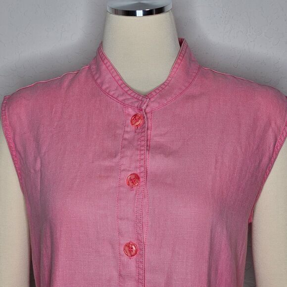 Debra DeRoo Pink Linen Sleeveless Button Front Tunic Top Mandarin Collar M - Picture 2 of 7